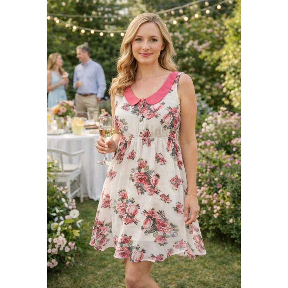 Xhilaration Floral Sleeveless Fit & Flare Dress XL Cream Pink Cottagecore Y2K